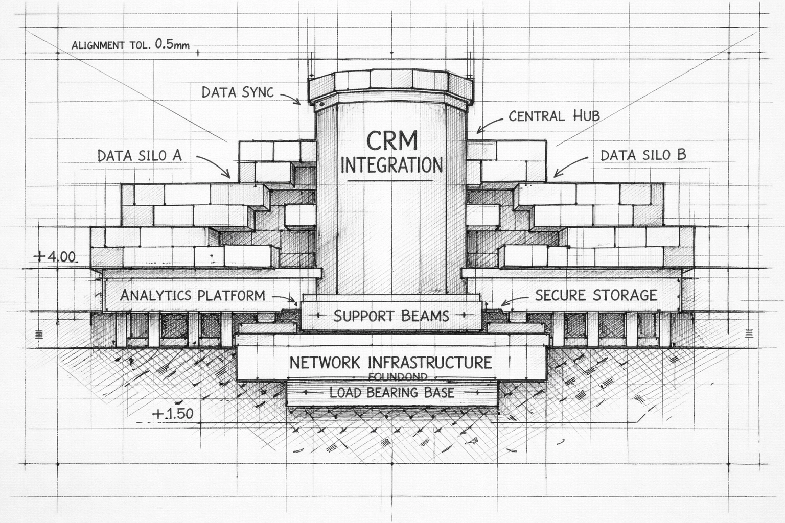 Blueprint of a digital data architecture for professional CRM automation and sales integration.