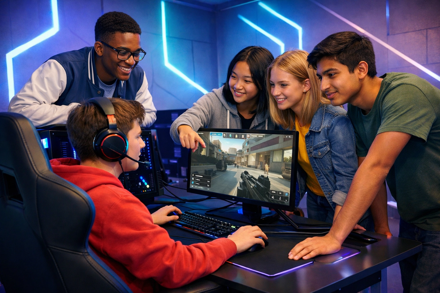 High school esports team collaborating around gaming station in educational setting