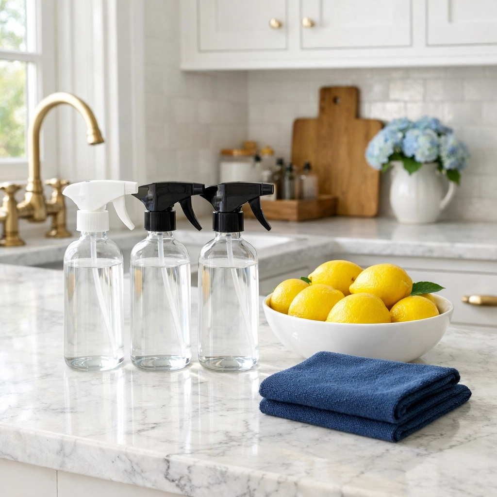 Eco-friendly cleaning supplies in a luxury historic kitchen by professional cleaners in Marblehead.