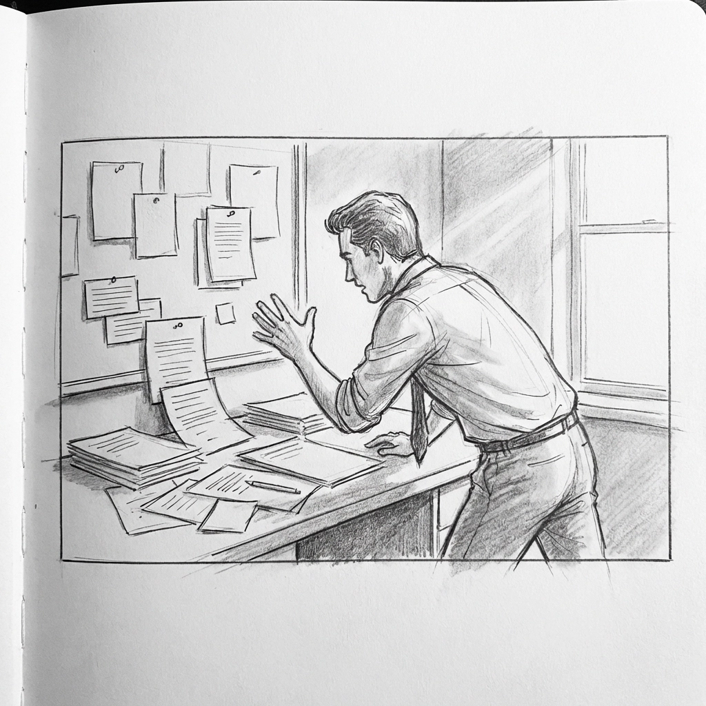 Sketch of a writer at a cluttered desk with index cards, illustrating TV writing tools and creative process.