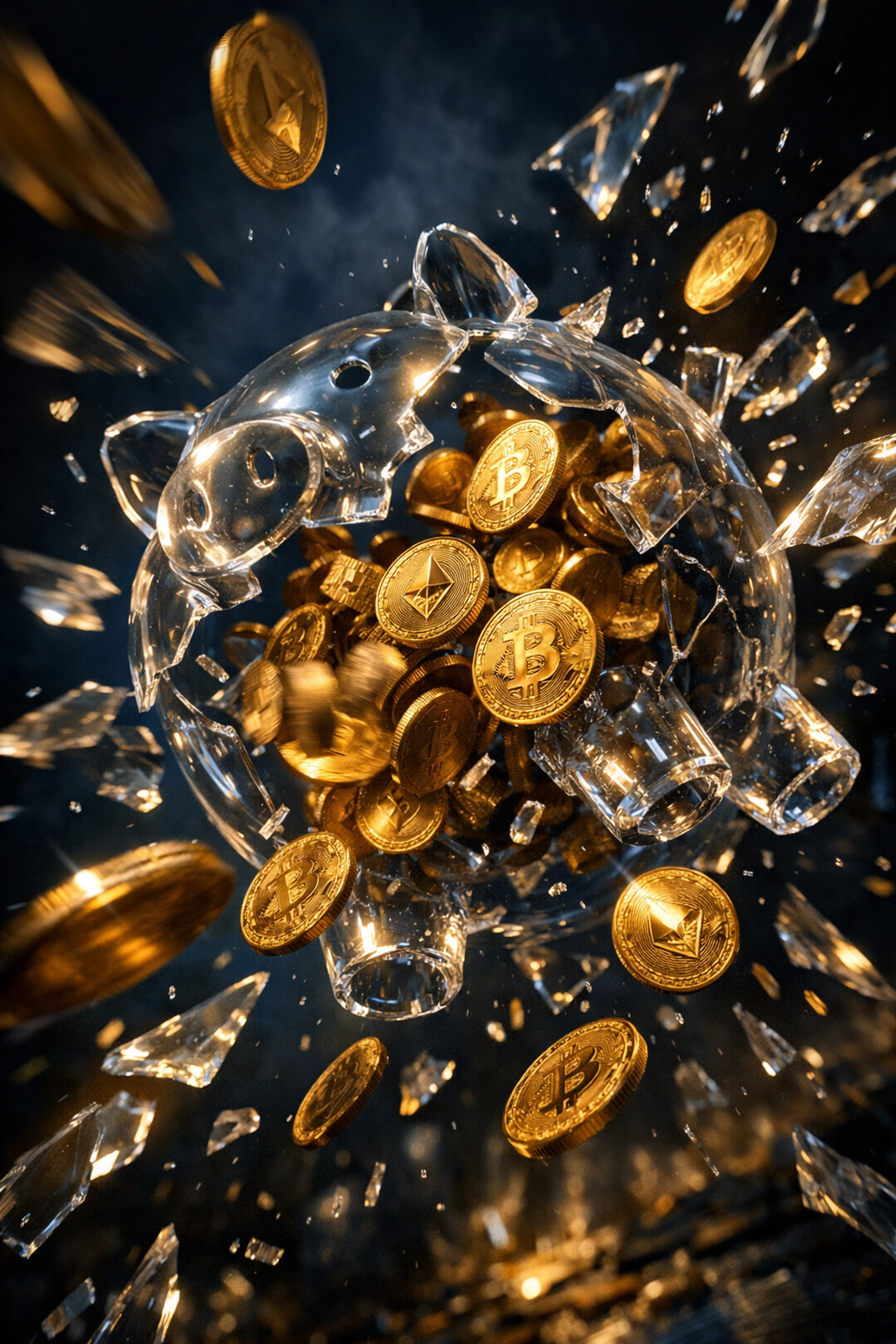 Cryptocurrency coins spilling from broken piggy bank representing hidden payment processor fees