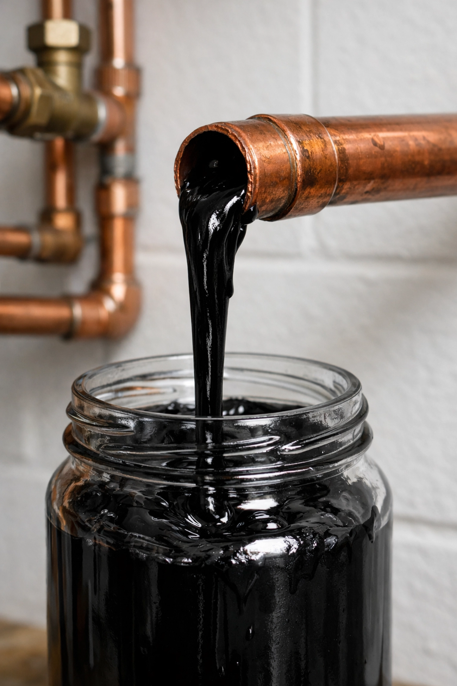 Thick black magnetite sludge draining from a copper heating pipe, highlighting the need for central heating services.