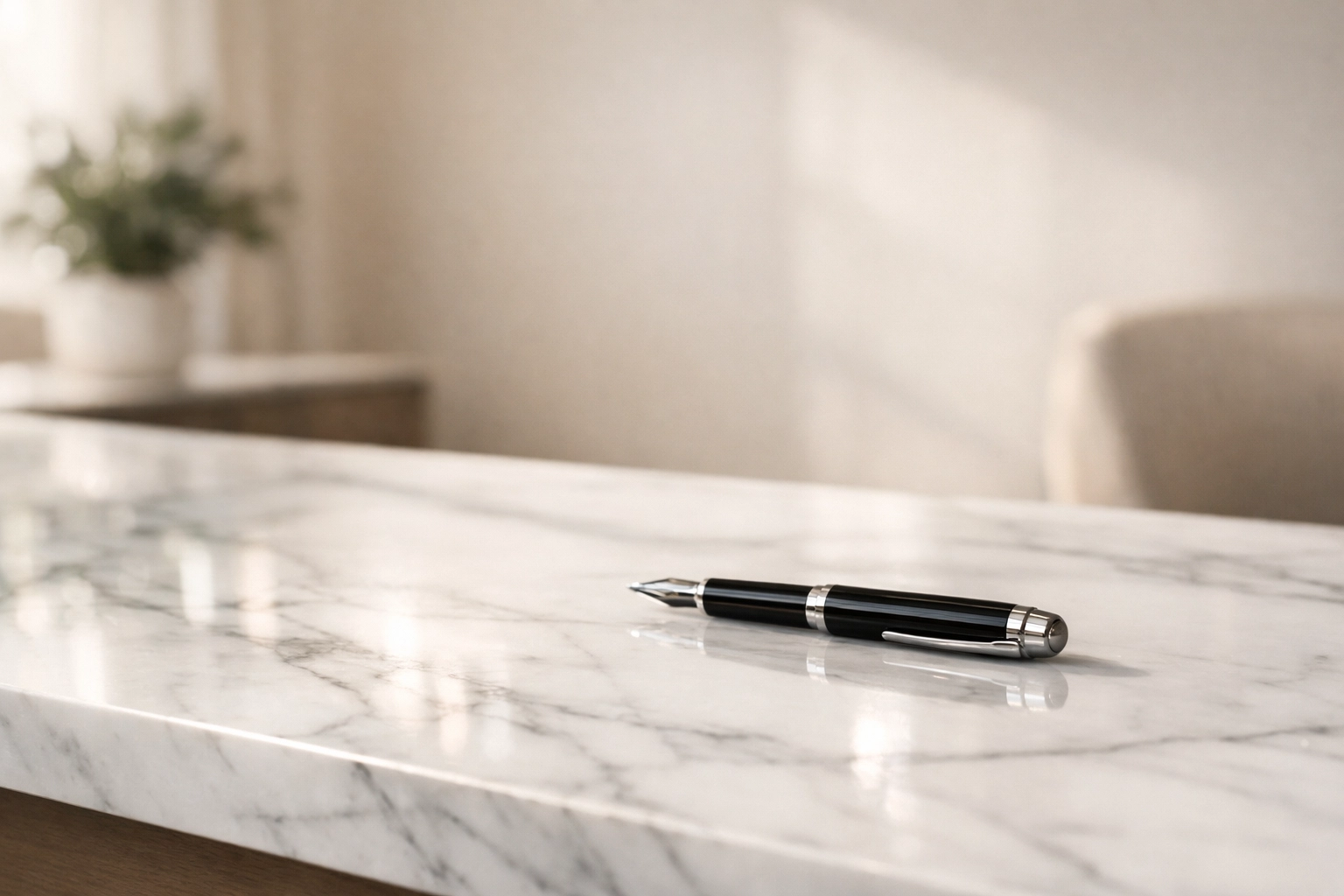 Polished white marble desk in a sunlit home office, reflecting natural light for improved daily focus.