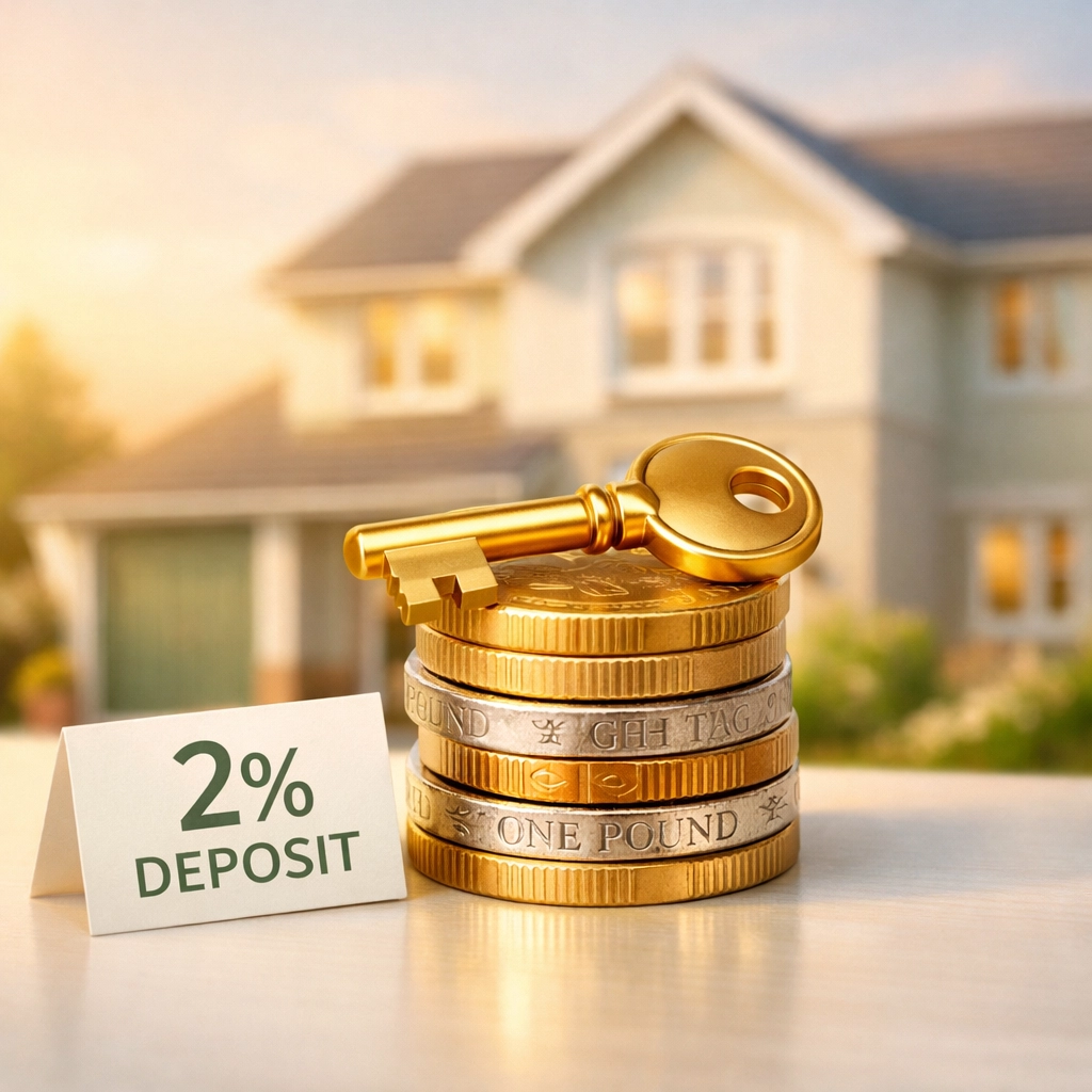 House key on a small stack of coins representing a 2% deposit for a 98% mortgage.