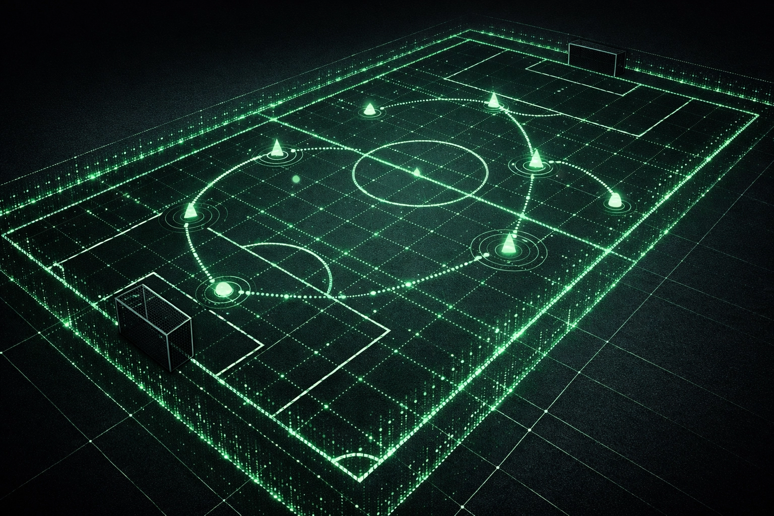 Digital grid overlay on a football pitch representing in-play AI driven betting data analysis.