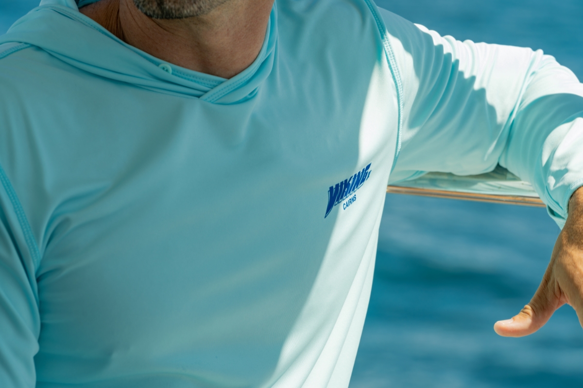 Viking Cairns Fishing Hoodie on-boat detail showing premium construction and sun protection coverage