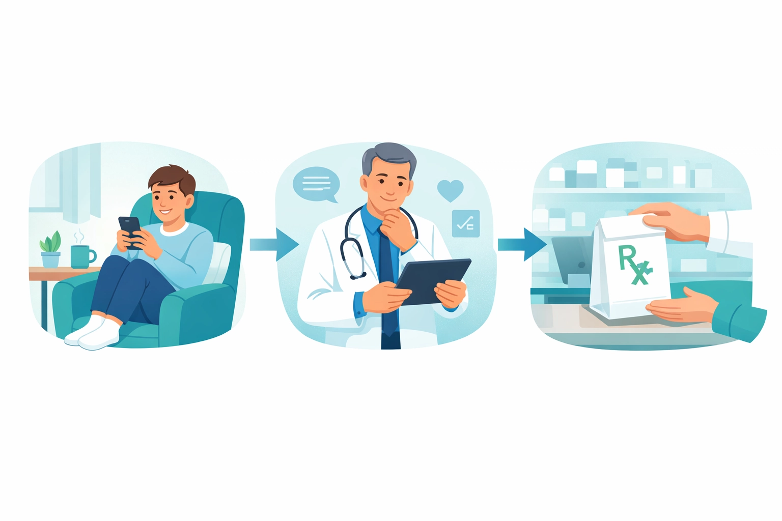 Three-step telehealth process from online consultation to doctor review to pharmacy pickup