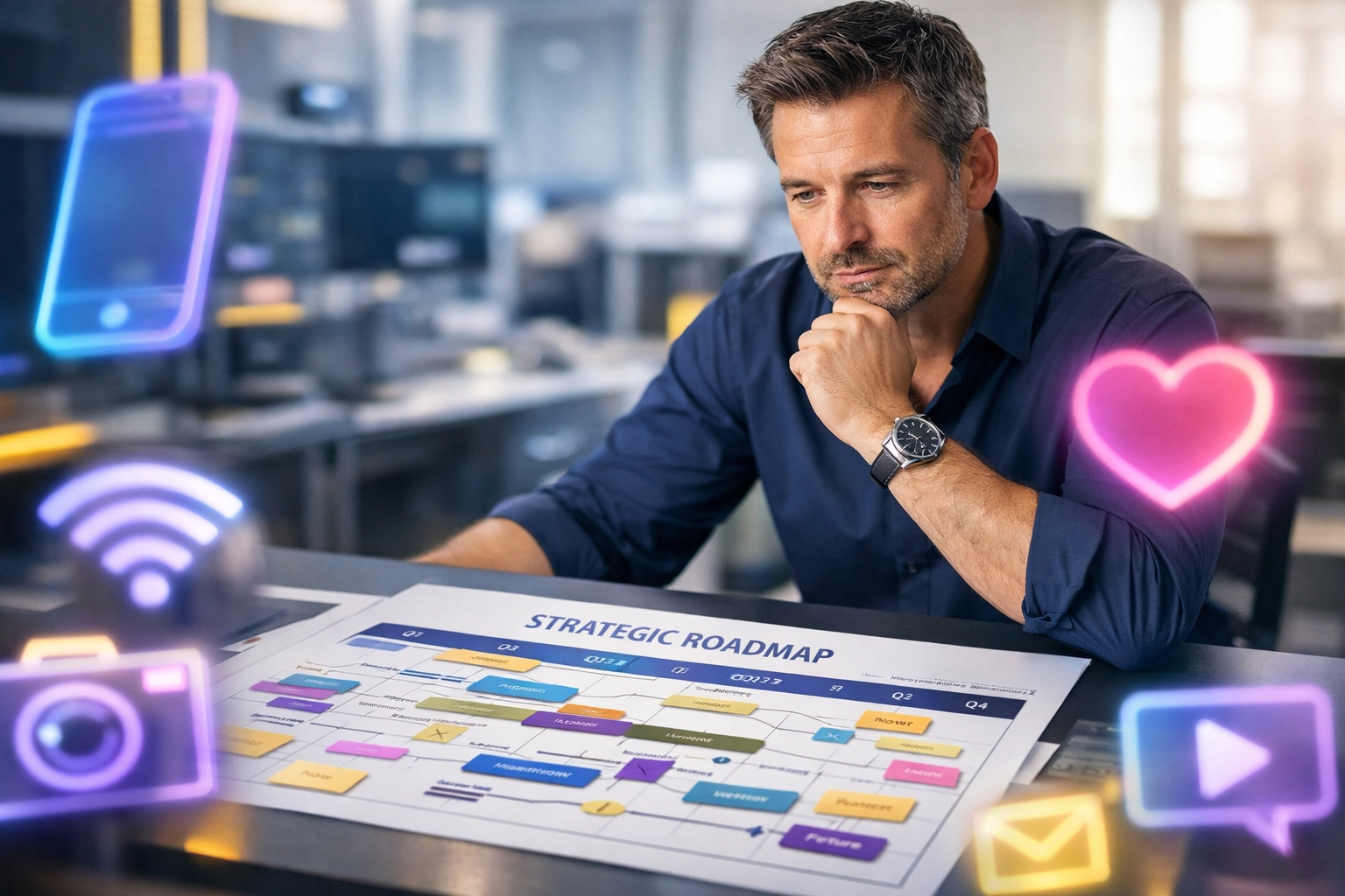 Business leader prioritizing a growth marketing strategy roadmap over distracting digital marketing trends.