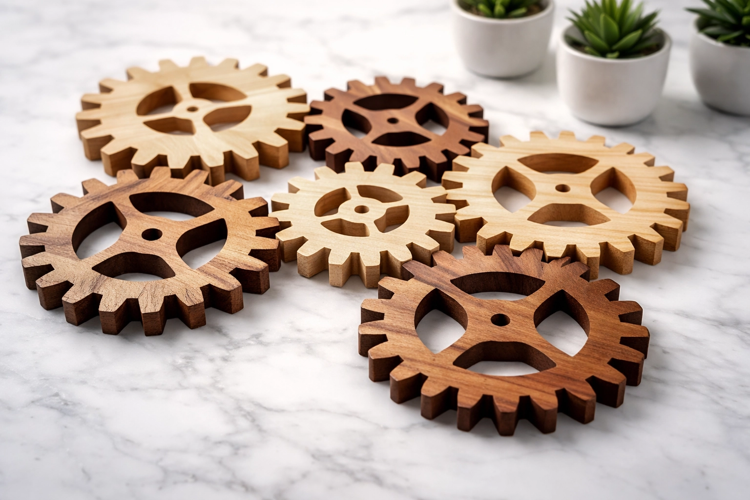 Close-up of interlocking wooden gears on marble, symbolizing optimized Smith Manoeuvre strategies and mortgage planning in Canada.