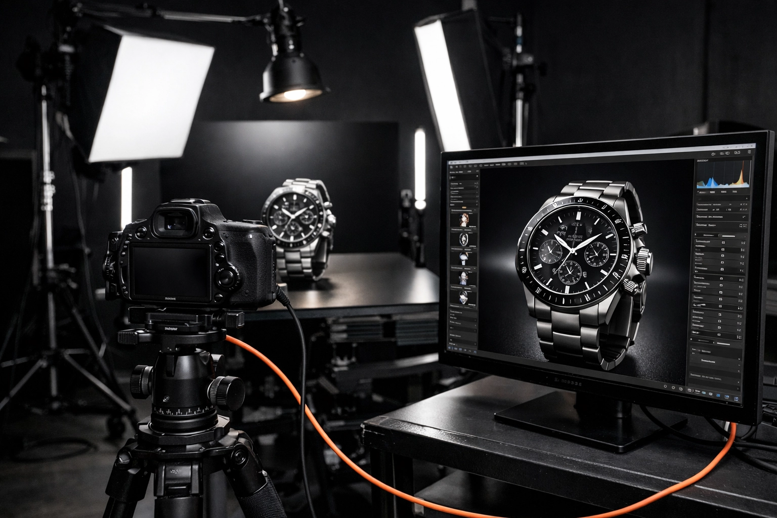Professional product photography studio setup in Miami featuring high-end camera and lighting gear.