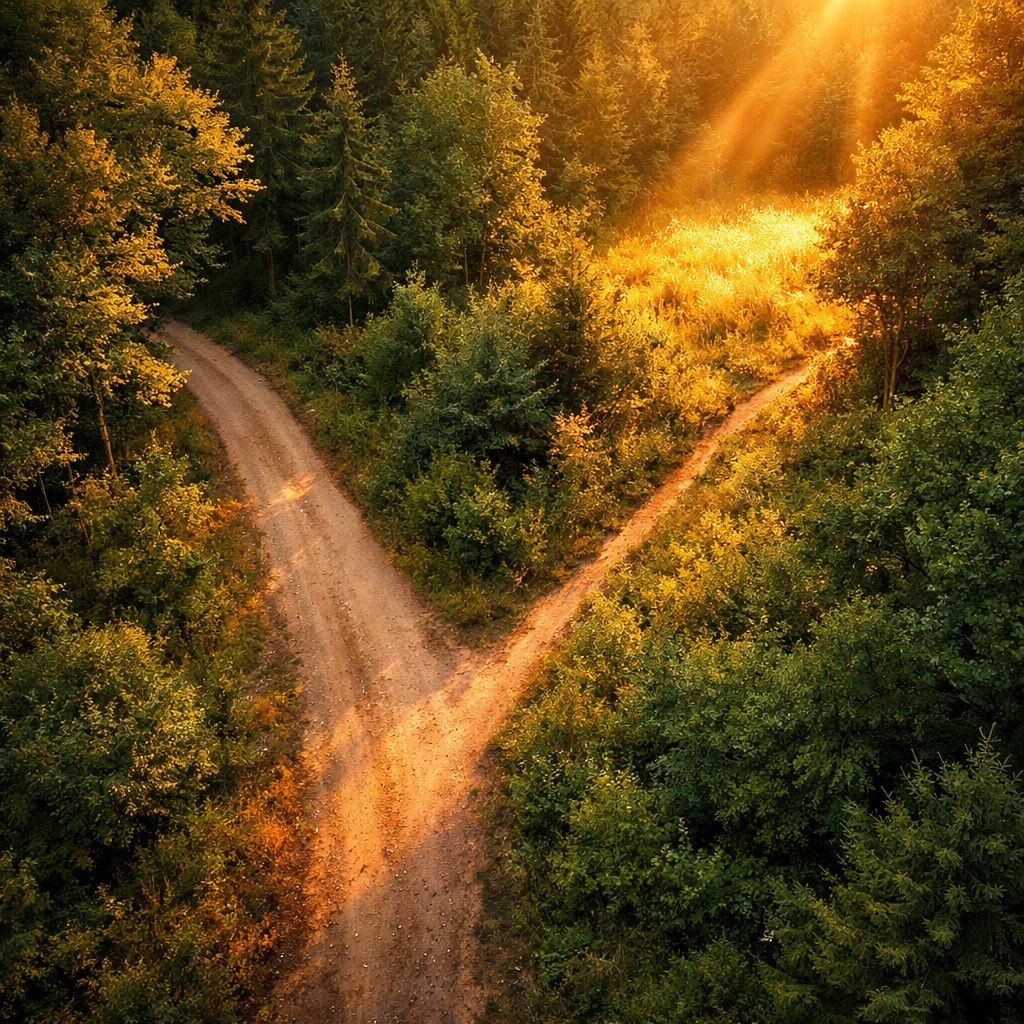 Forest path diverging into two routes representing leadership career choices and necessary moves