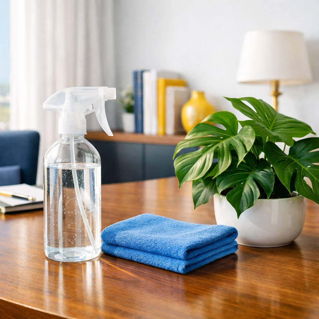 Eco-friendly office cleaning supplies on a spotless sunlit desk in a Mansfield commercial office.
