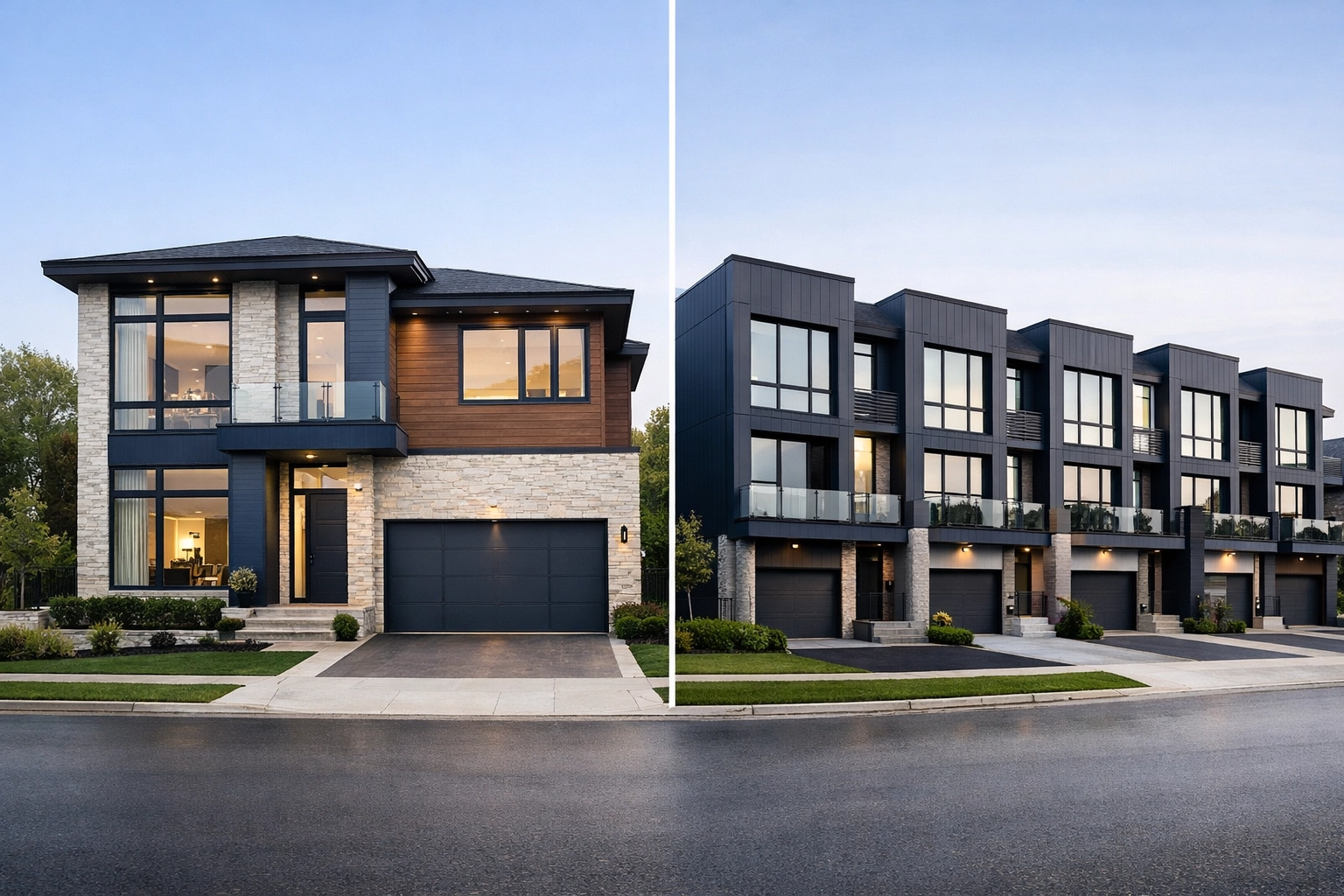 Modern detached home and townhomes in a Vaughan neighbourhood showcasing Ontario real estate variety.