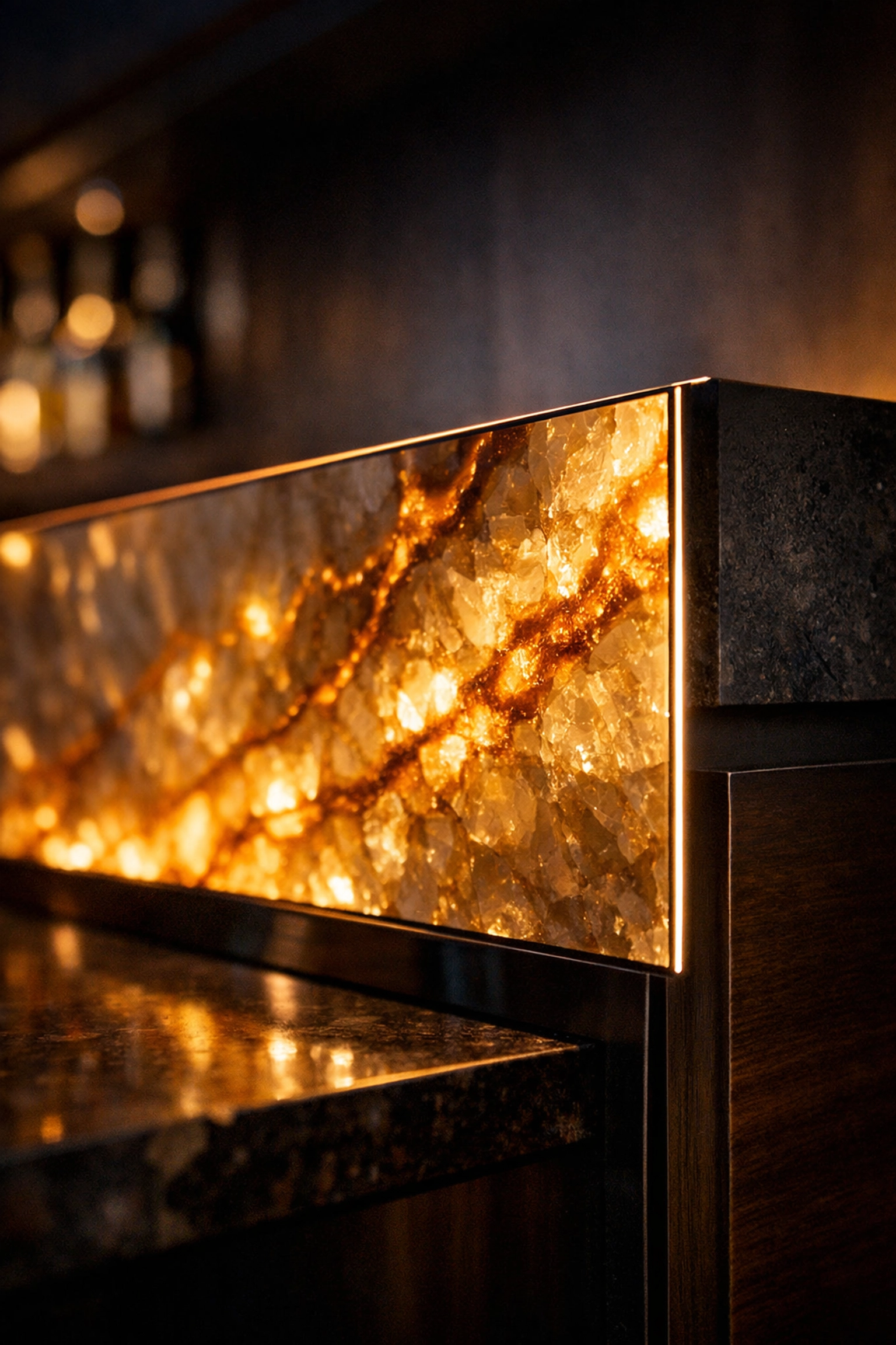 Backlit translucent stone wall idea with glowing amber veining for modern interior design.