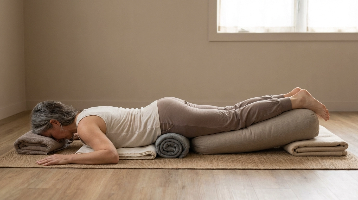 Midlife woman practicing Surfboard Pose (Prone Savasana) with blankets for support, demonstrating restorative yoga for hormonal balance and low energy days