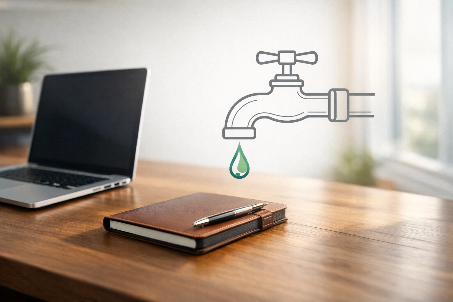 Professional desk with a vector illustration of a leaking faucet symbolizing business financial leaks.