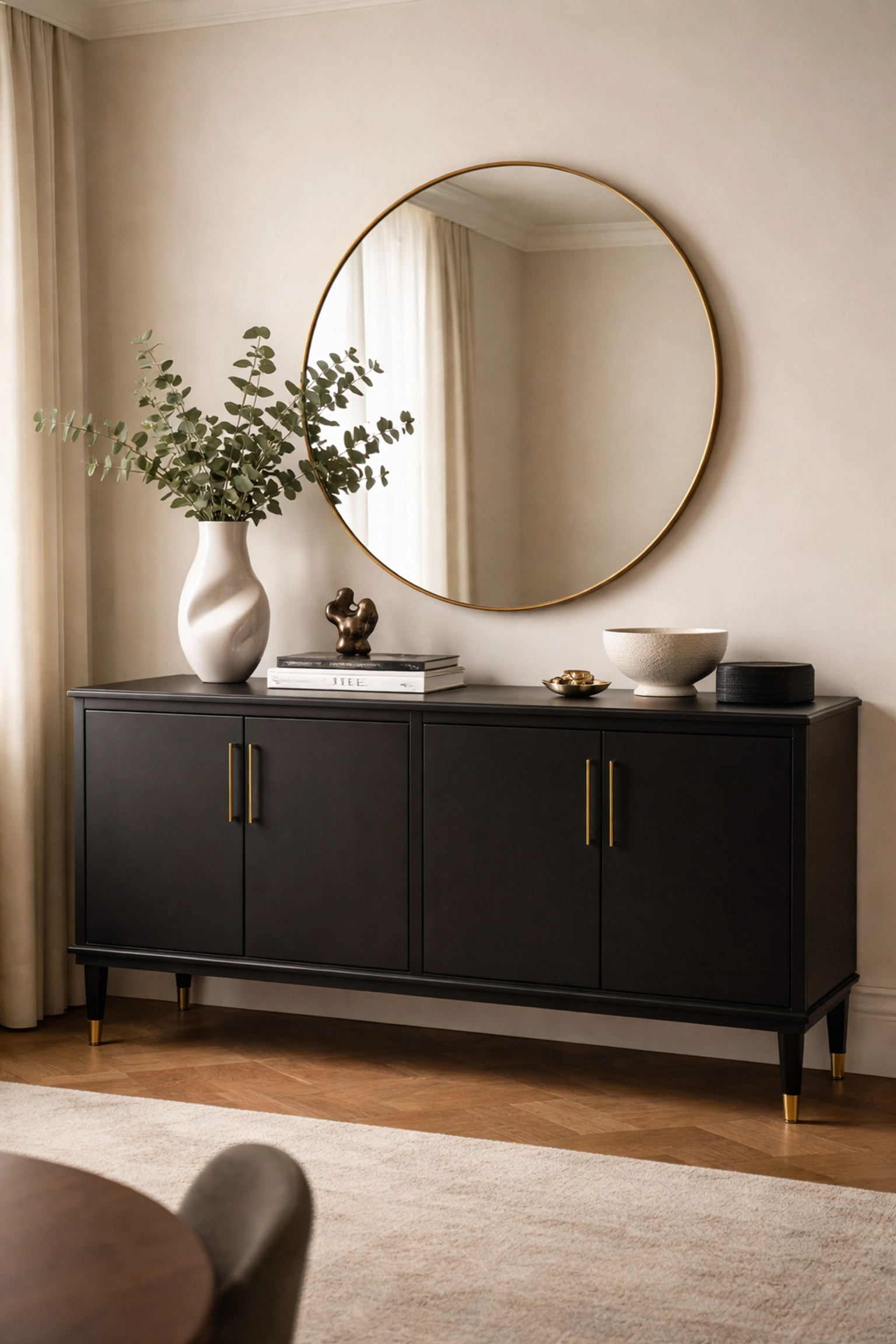 Elegant black sideboard with brass hardware and high-end decor in a sophisticated dining room setting