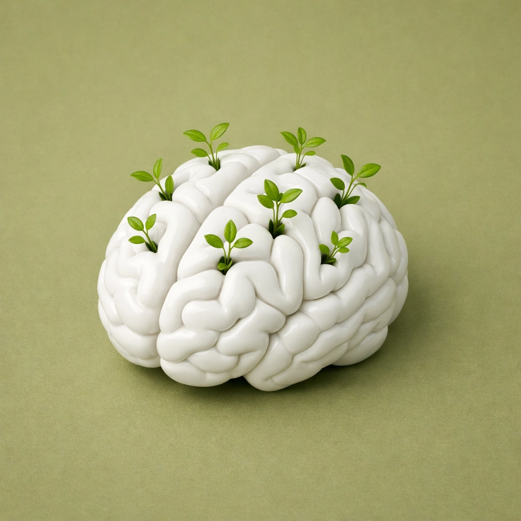 Human brain sculpture with green saplings representing neuroplasticity and mental health through exercise.