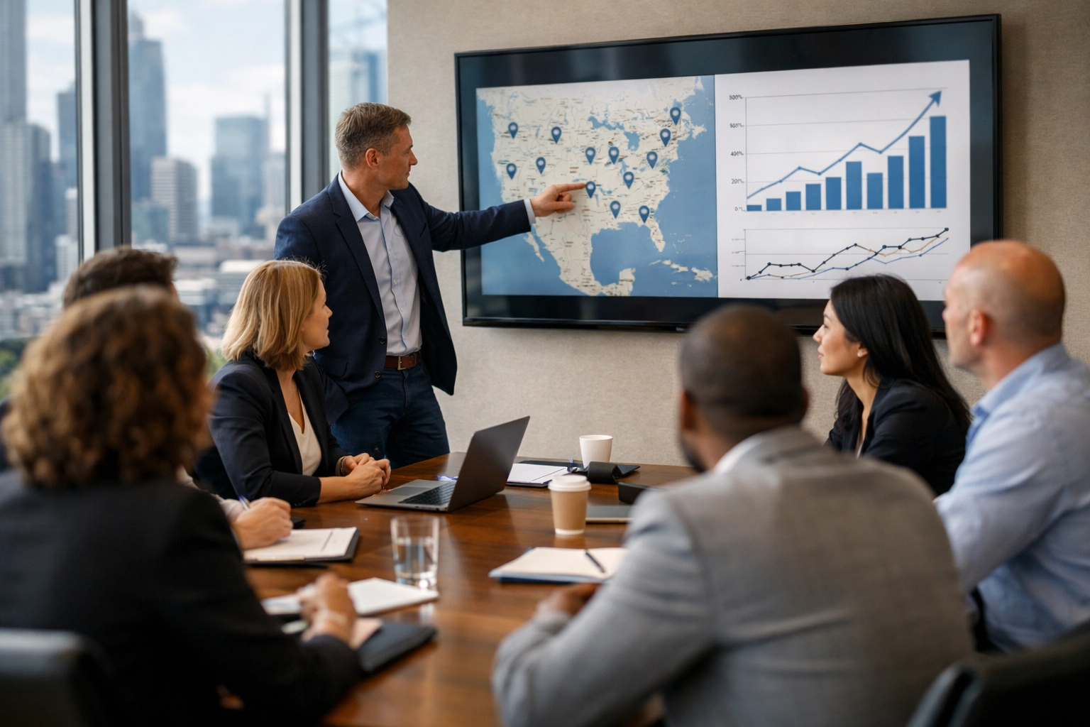Marketing executives in a boardroom analyzing advertising data and strategic media growth charts.