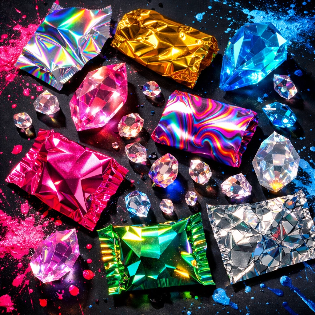 Vibrant flat-lay of crystal condoms and colorful novelty sexual wellness products.