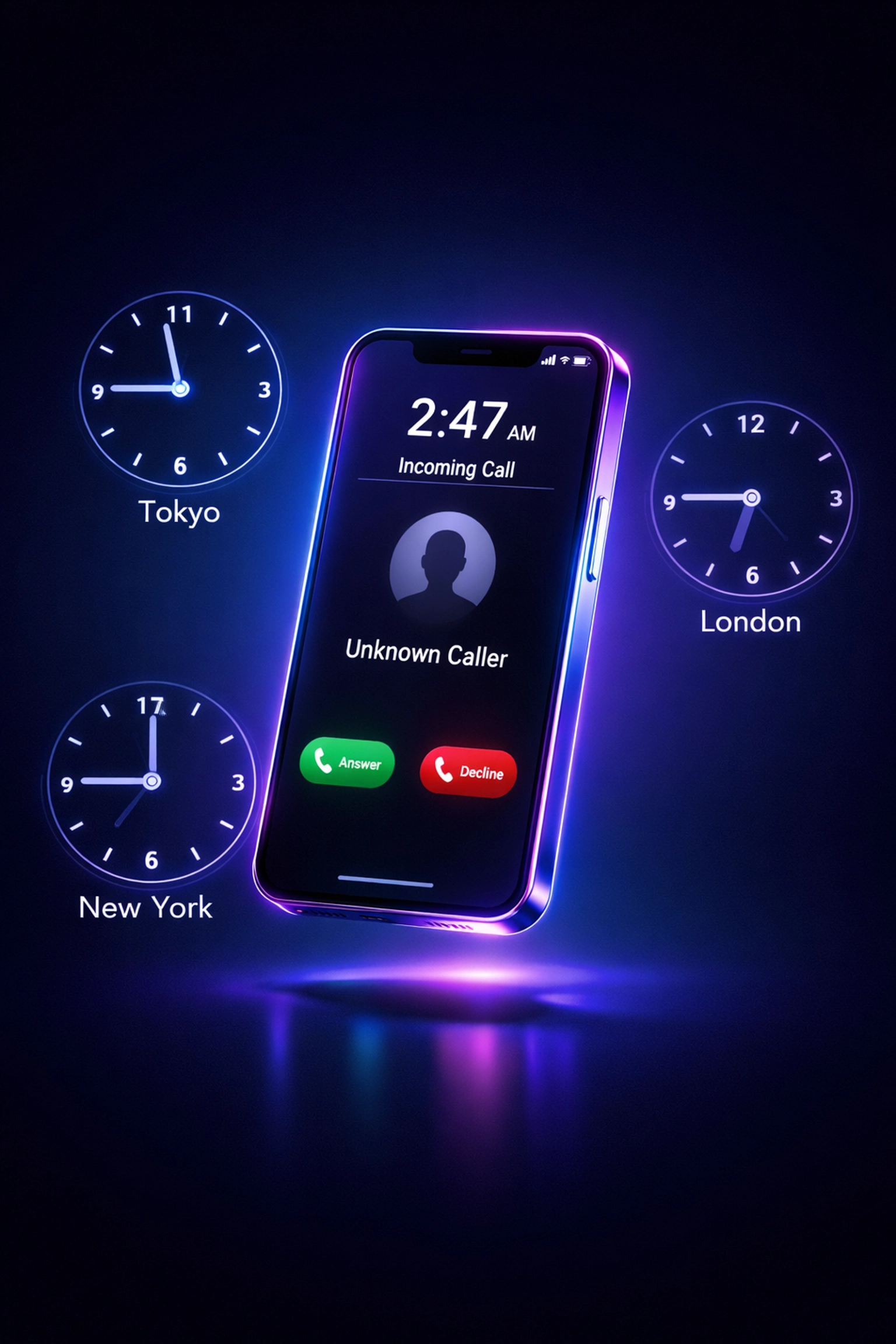 Smartphone receiving after-hours calls across multiple time zones for 24/7 answering service