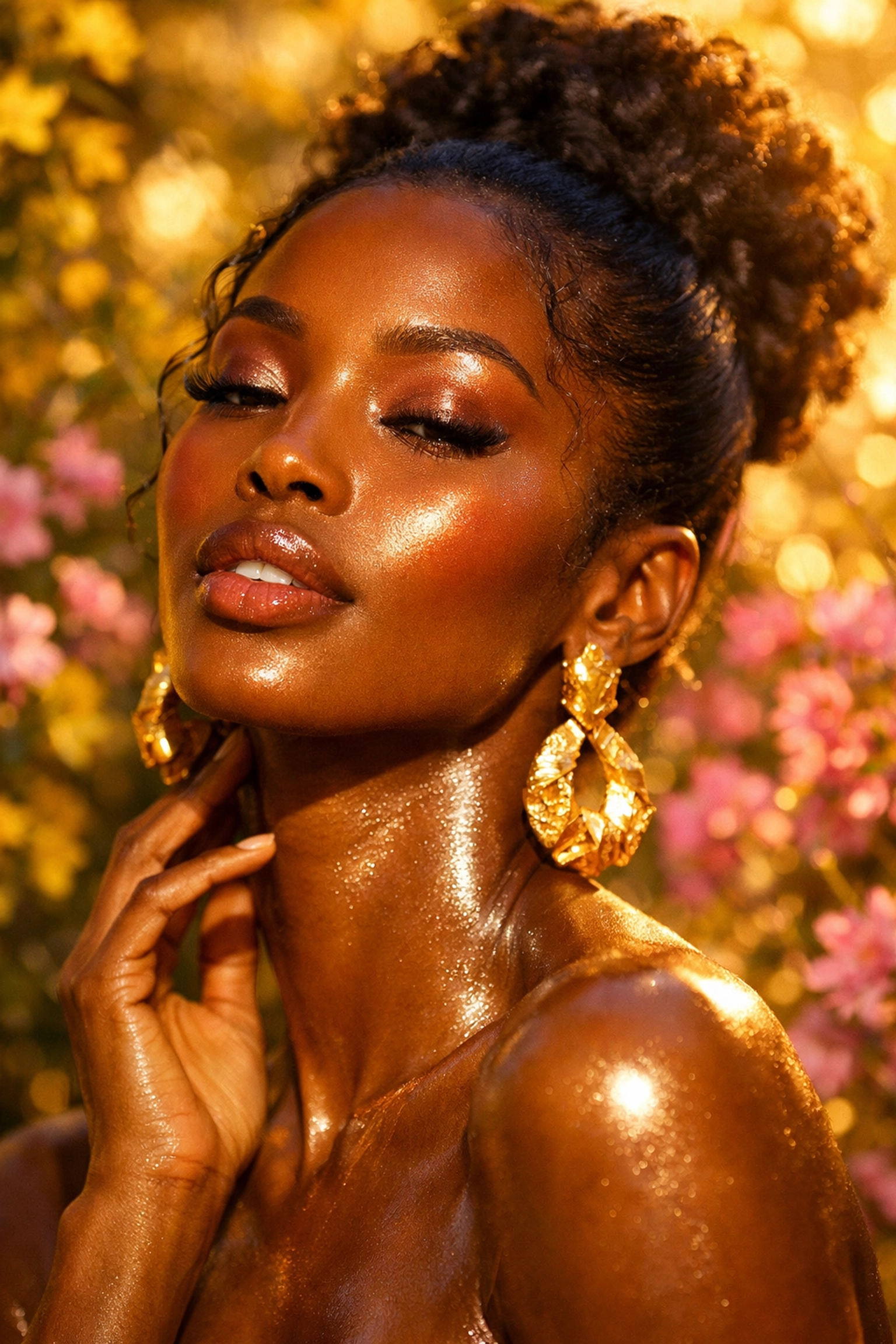 Radiant Black woman with glowing skin protected by a vitamin C serum for dark spots in spring sunlight.