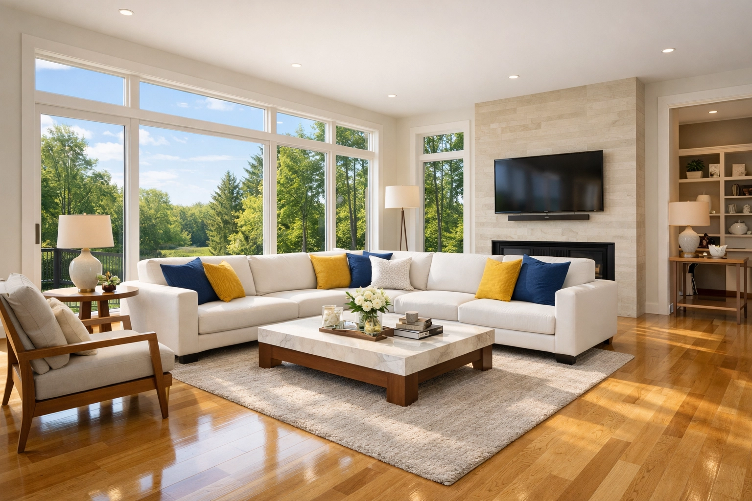 Professional residential cleaning in Leominster MA showing a spotless living room with polished floors.