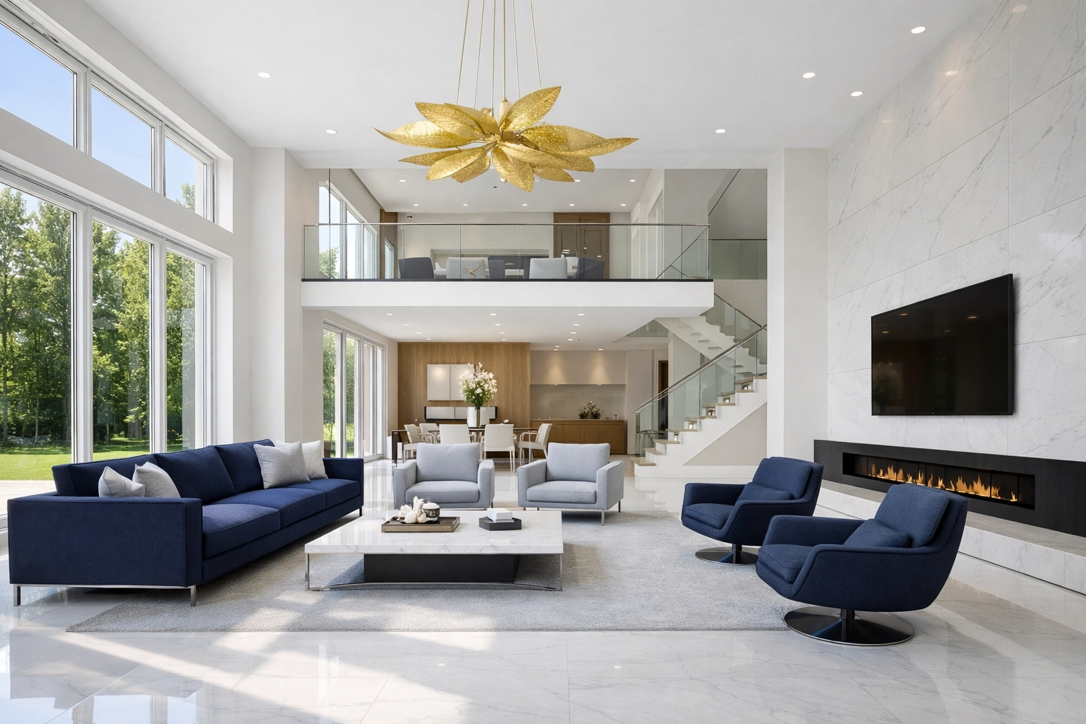 Sun-drenched modern living room in a Dover estate highlighting residential cleaning Massachusetts precision.