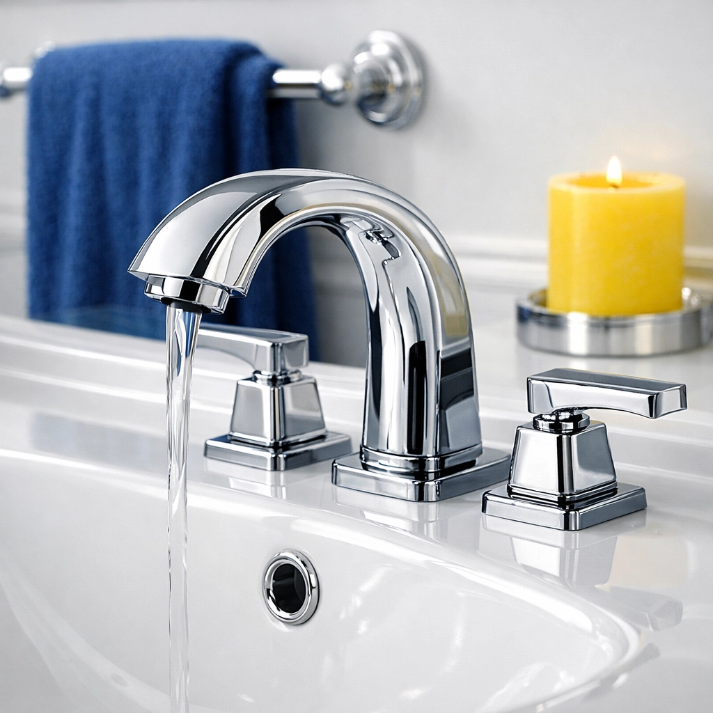 Detailed cleaning of a luxury bathroom sink and chrome faucet during a Boston move-out cleaning.