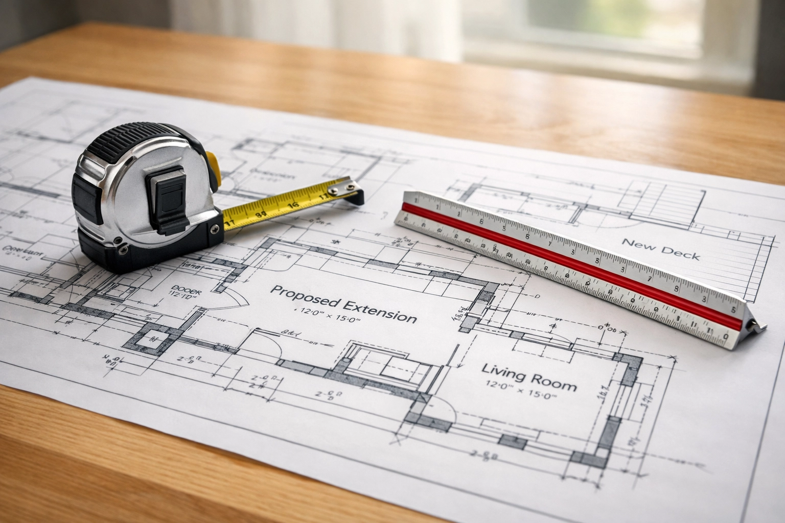Architectural blueprints and measuring tools for a residential house extension planning project in Hinckley.