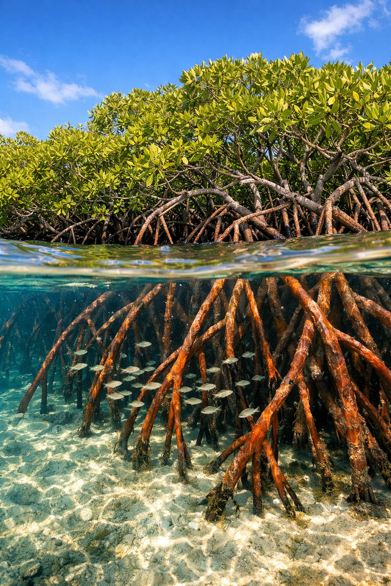Mangrove roots above and below water in Florida Keys showing fish nursery habitat for teachers