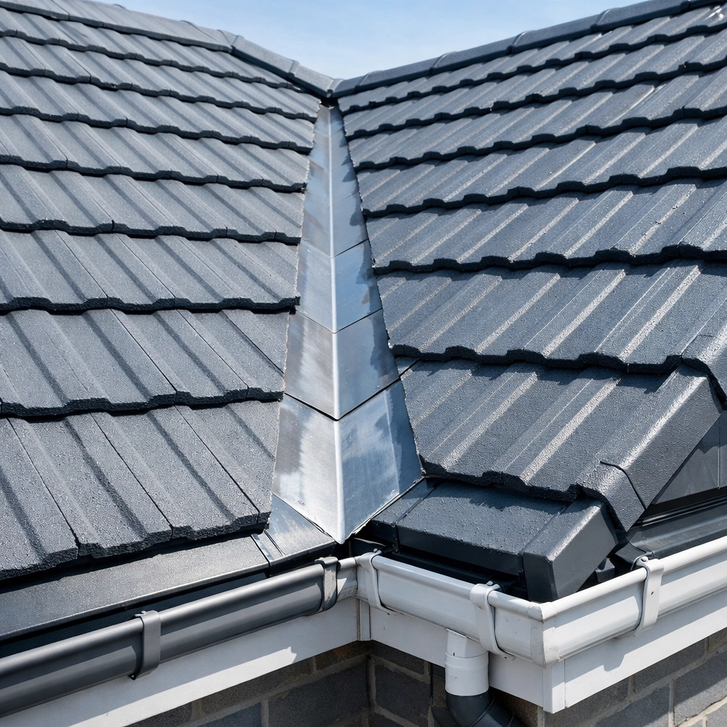 Modern new build roof tiles and flashing detail showing quality construction standards in Lisburn