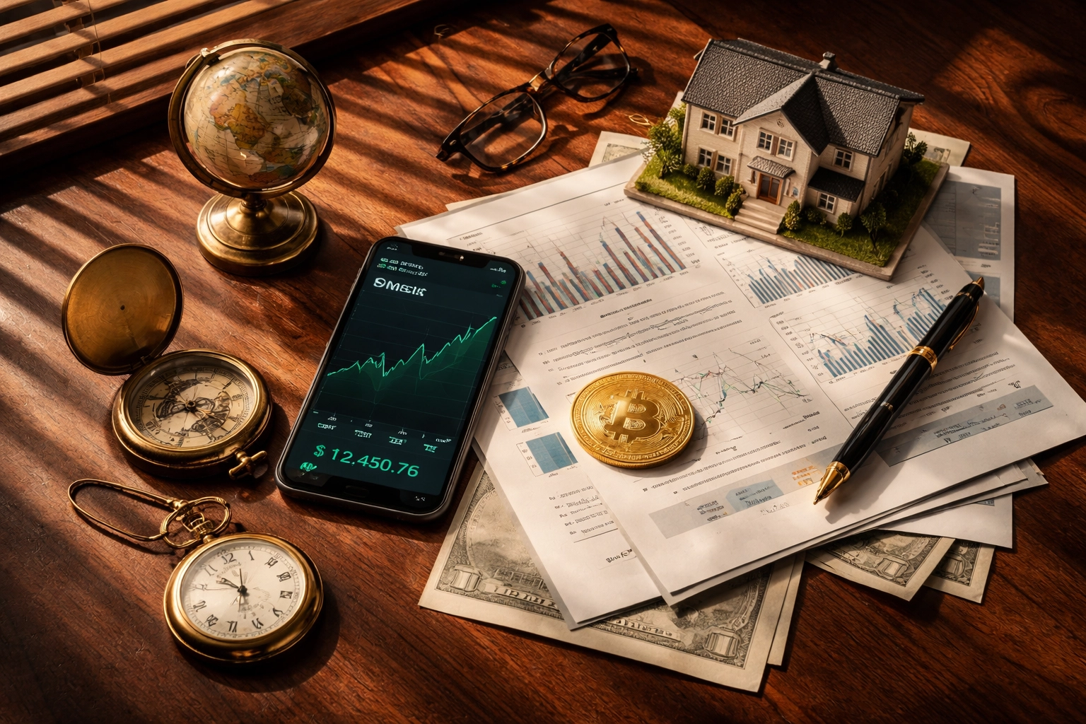 Objects representing key investments like real estate, crypto, and global markets arranged as a diversified portfolio.