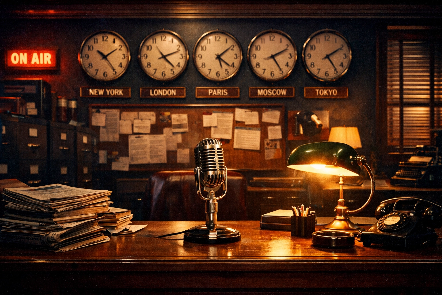 Vintage newsroom desk representing calm biblical news delivery and trusted journalism