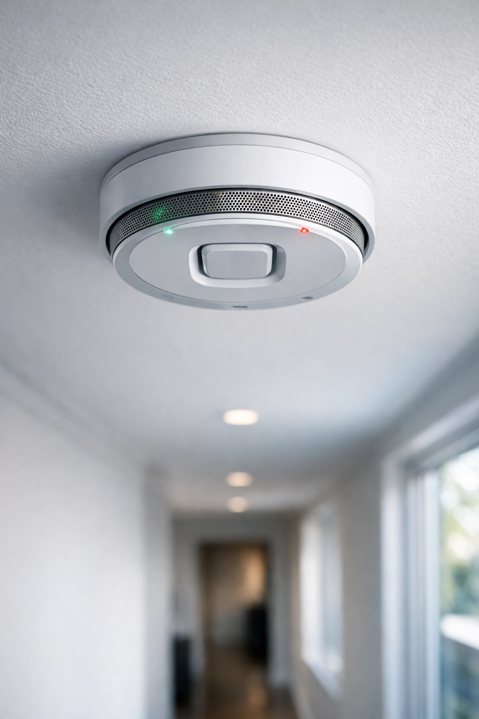 A professionally installed smoke and carbon monoxide detector on a ceiling for home safety in Poole.
