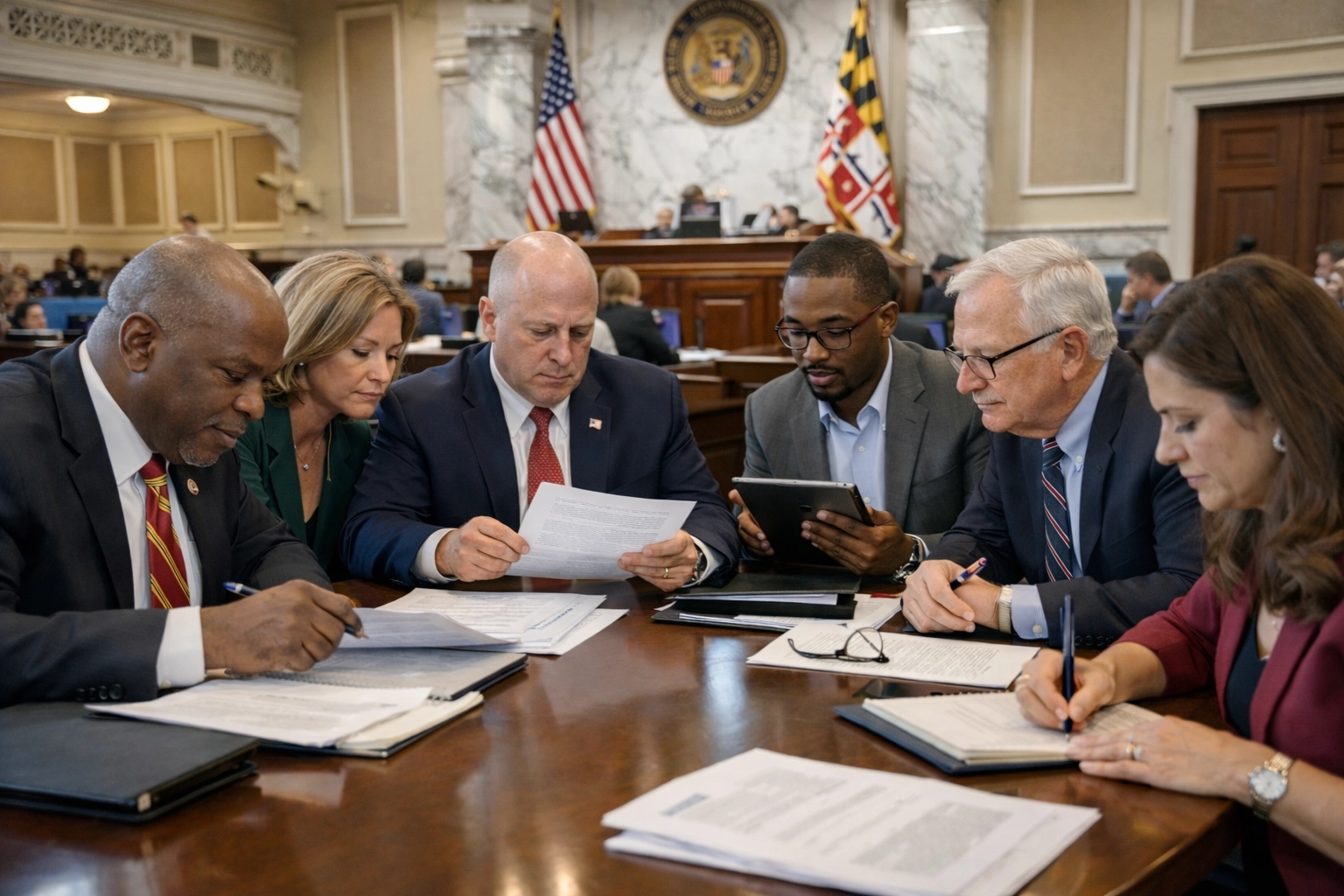 Maryland State House committee room during a legislative session with lawmakers reviewing documents