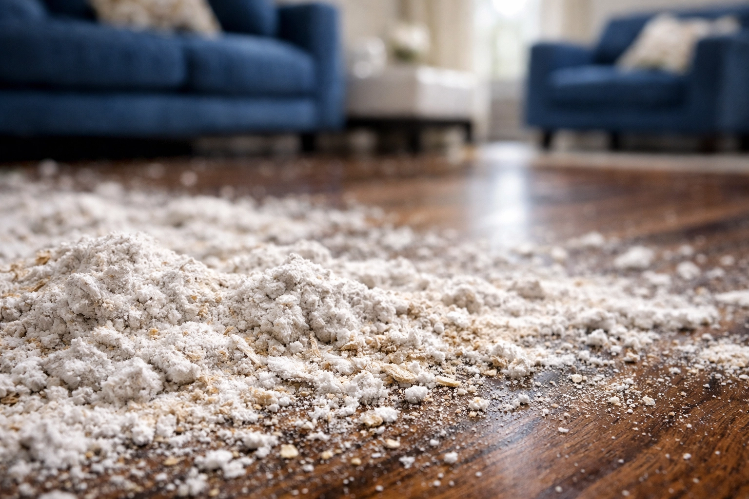Fine white drywall dust and sawdust on a dark hardwood floor after a home renovation.