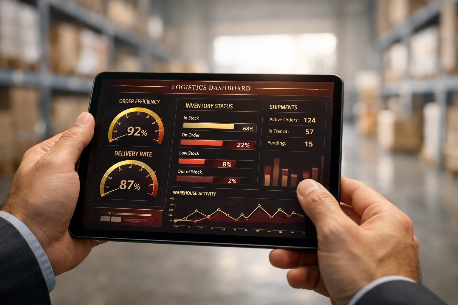Manager tracking third party logistics providers using integrated warehouse management services on a tablet.