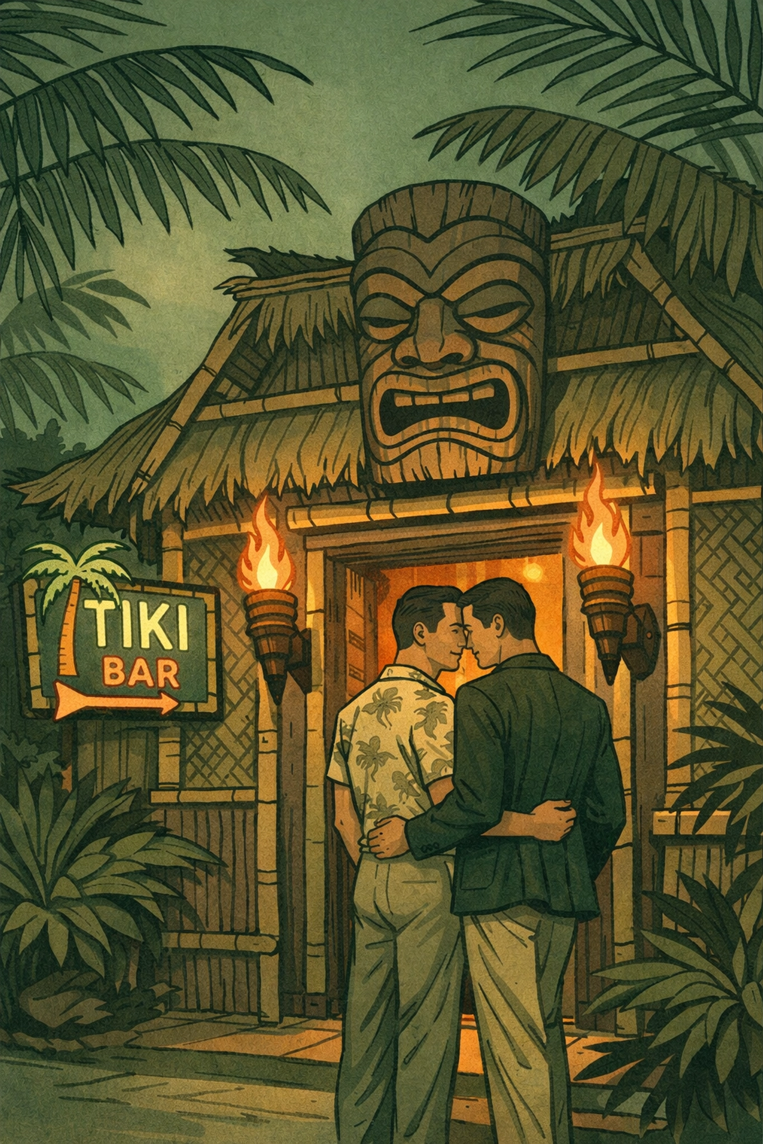 Two men outside 1950s tiki bar entrance, LGBTQ+ safe space in mid-century America