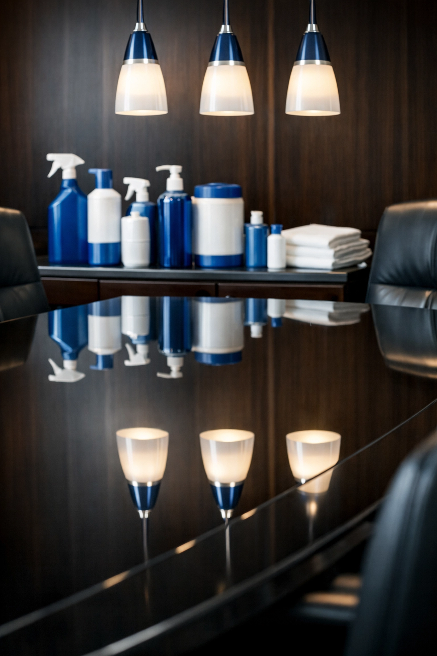 Luxury conference room with a dust-free glass table, showcasing high-performance West Springfield office cleaning.