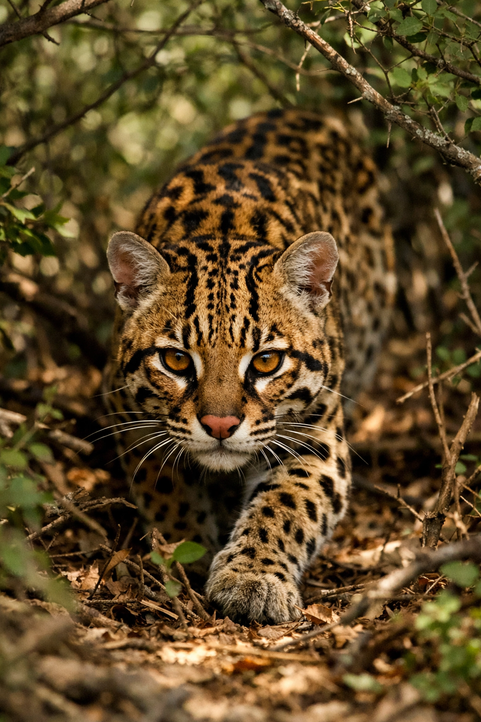 Texas ocelot moving through a restored habitat, highlighting species recovery efforts.