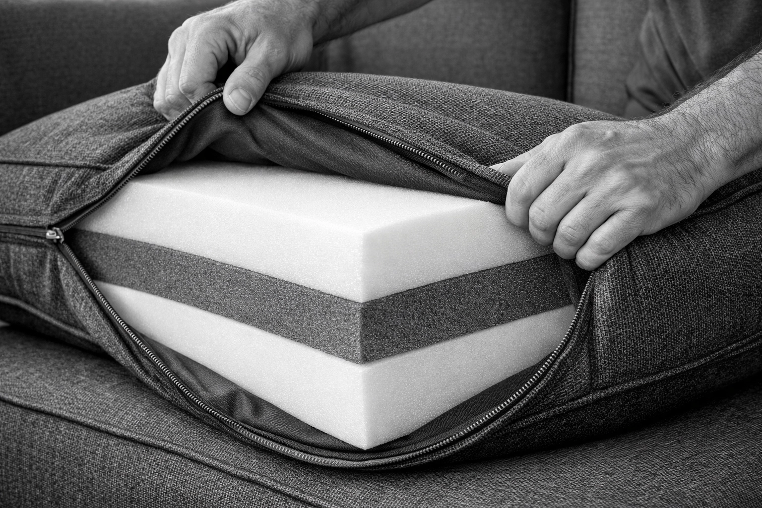 A residential sofa cushion being stuffed with high-density foam for a comfortable furniture refresh.