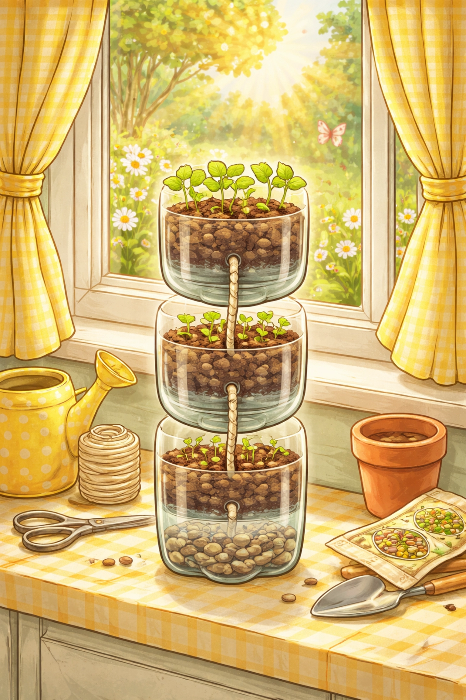 DIY vertical garden on a sunny windowsill, made from stacked recycled plastic bottles growing seedlings with wicking strings.