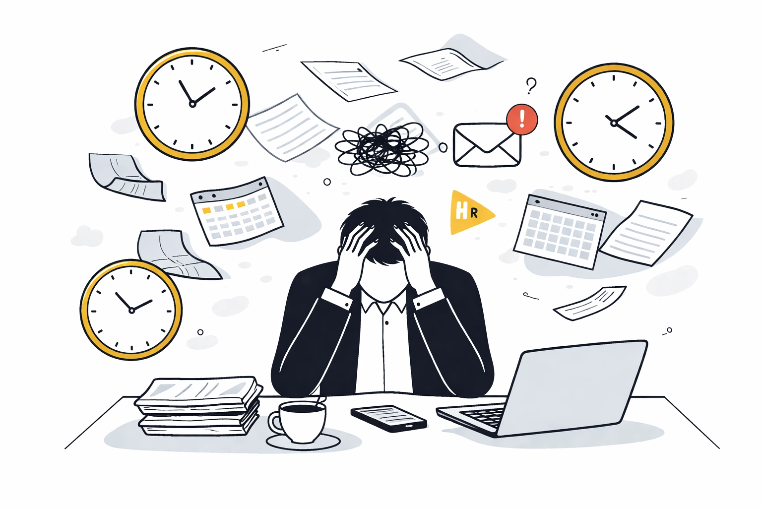 Overwhelmed small business owner surrounded by paperwork and clocks, highlighting HR admin time drain
