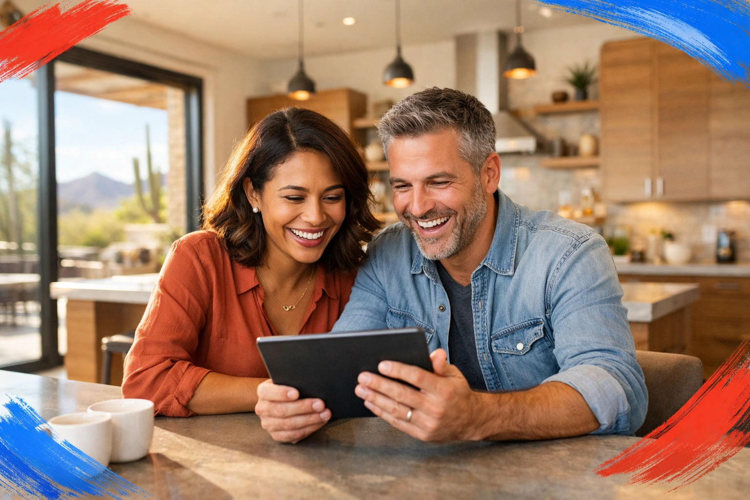 Arizona homeowners reviewing a transparent real estate strategy in their modern kitchen. Arizona homeowners reviewing a transparent real estate strategy in their modern kitchen.