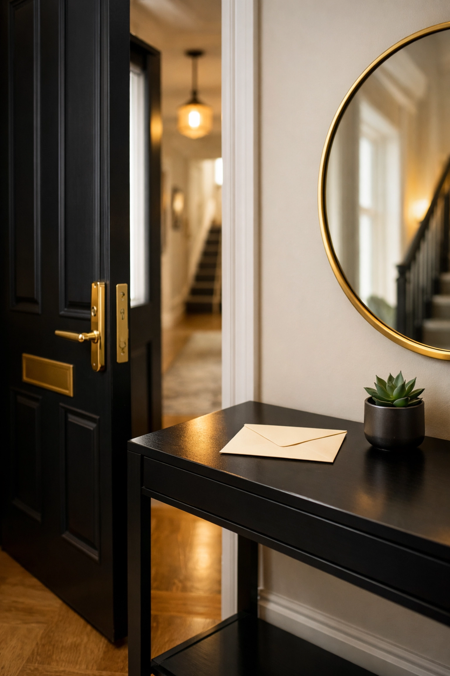 Elegant rental property entrance with inspection notice on hallway console table
