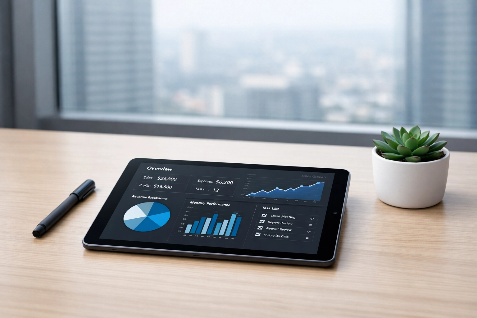 Digital cleaning service report and documentation on a tablet in an organized corporate office setting.