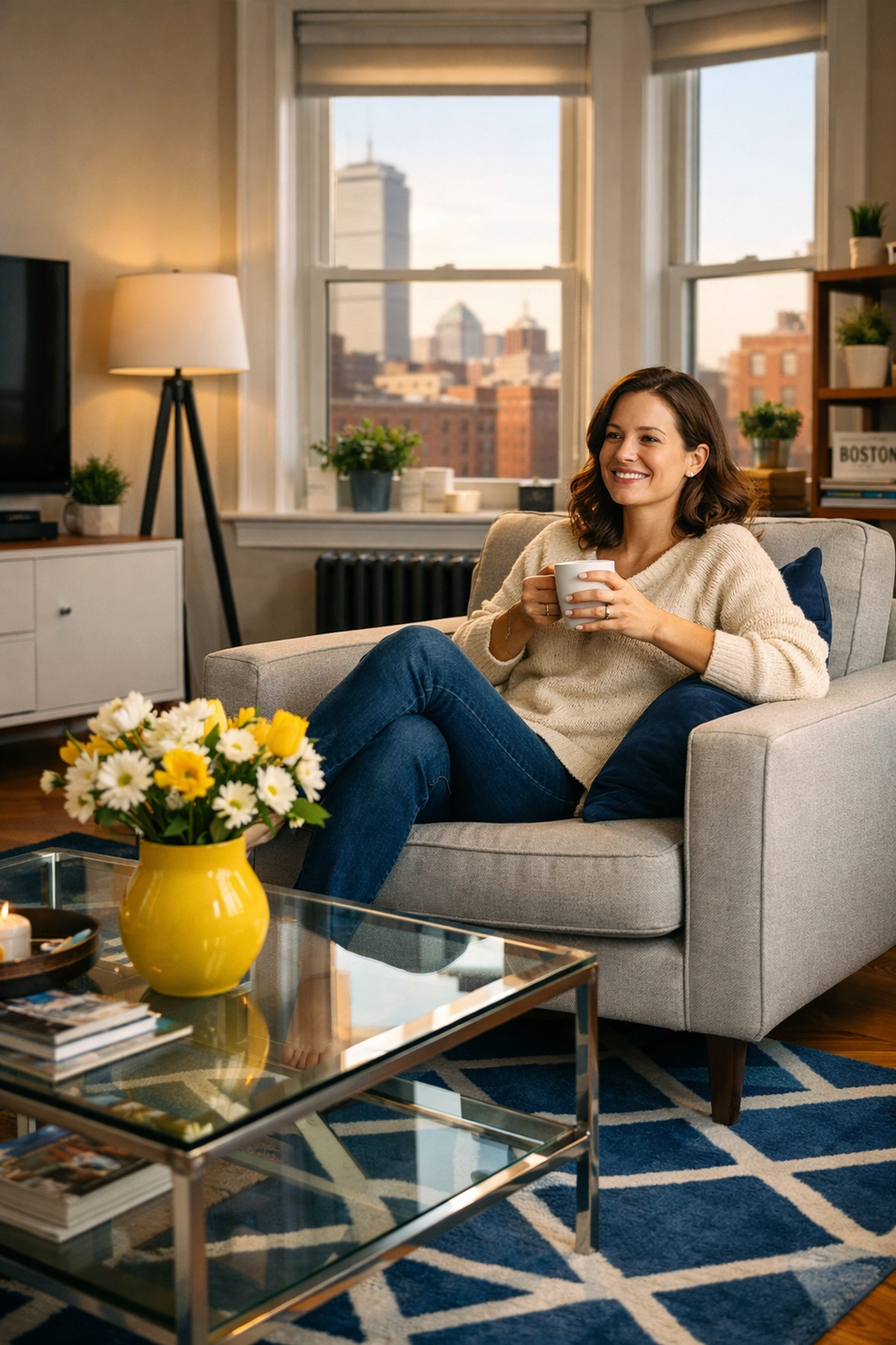 Happy resident in a spotless, stress-free home following a comprehensive apartment cleaning Boston session.