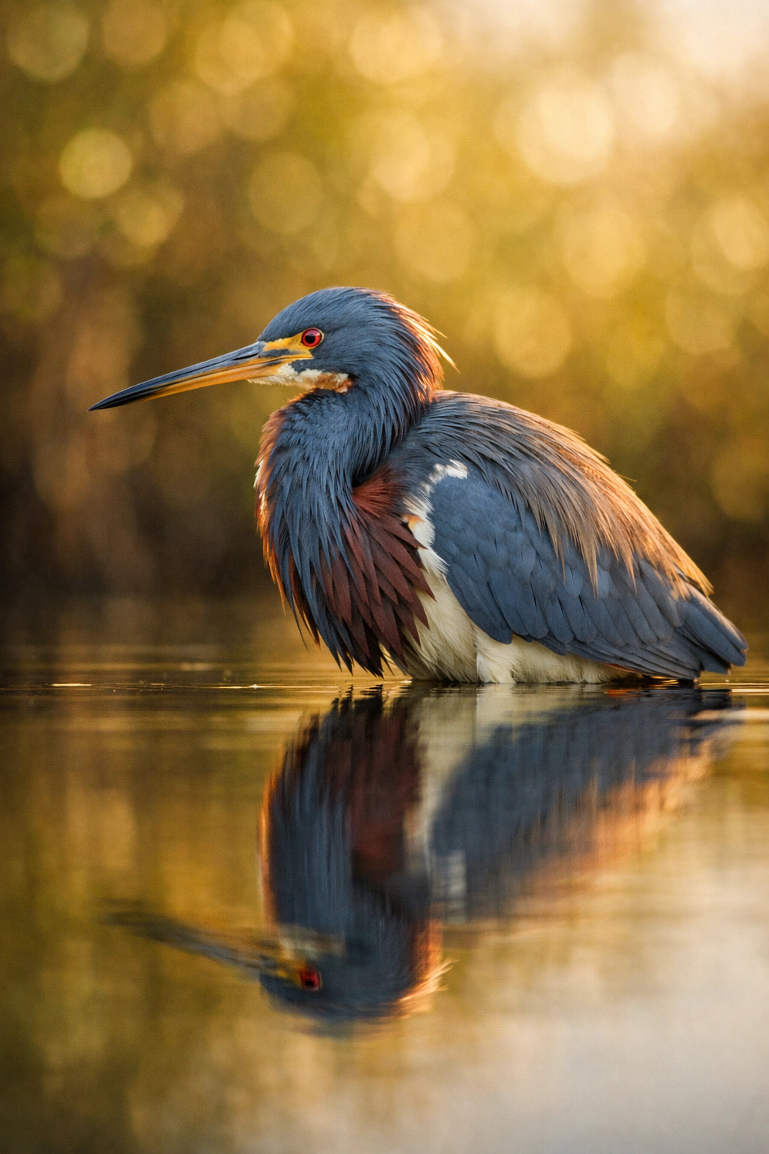 Low-angle wildlife photo of a Tricolored Heron at Mrazek Pond in the Everglades at sunrise.