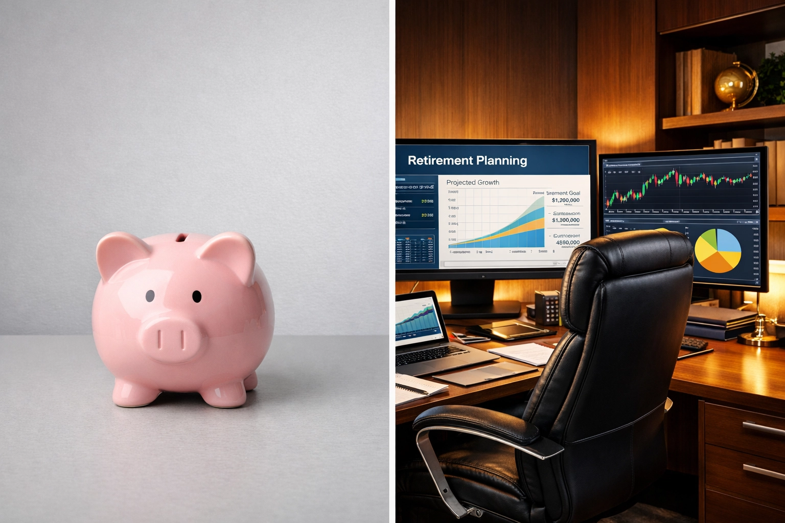 Comparison of basic piggy bank savings versus advanced retirement planning with financial software